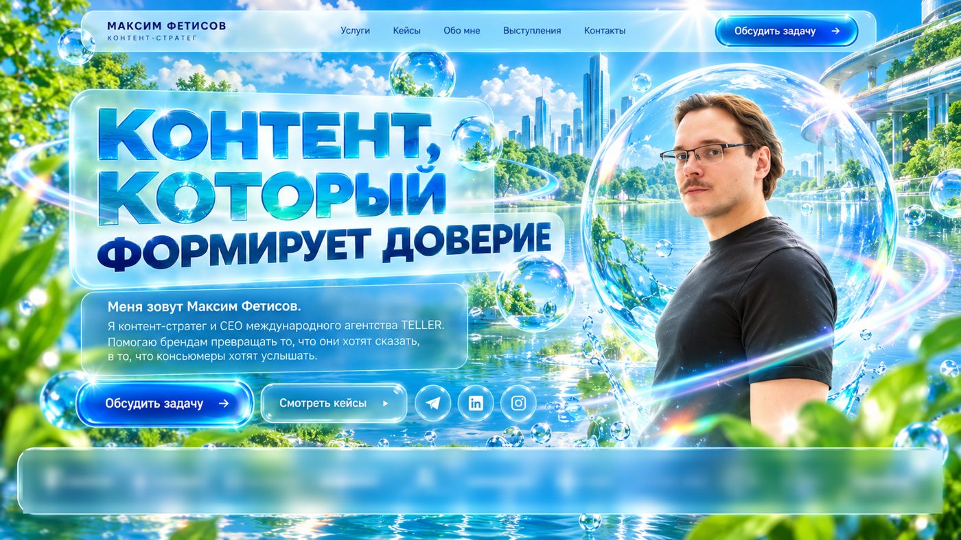 Вариант в стиле Frutiger Aero: пузыри, стекло, вода и небоскрёбы